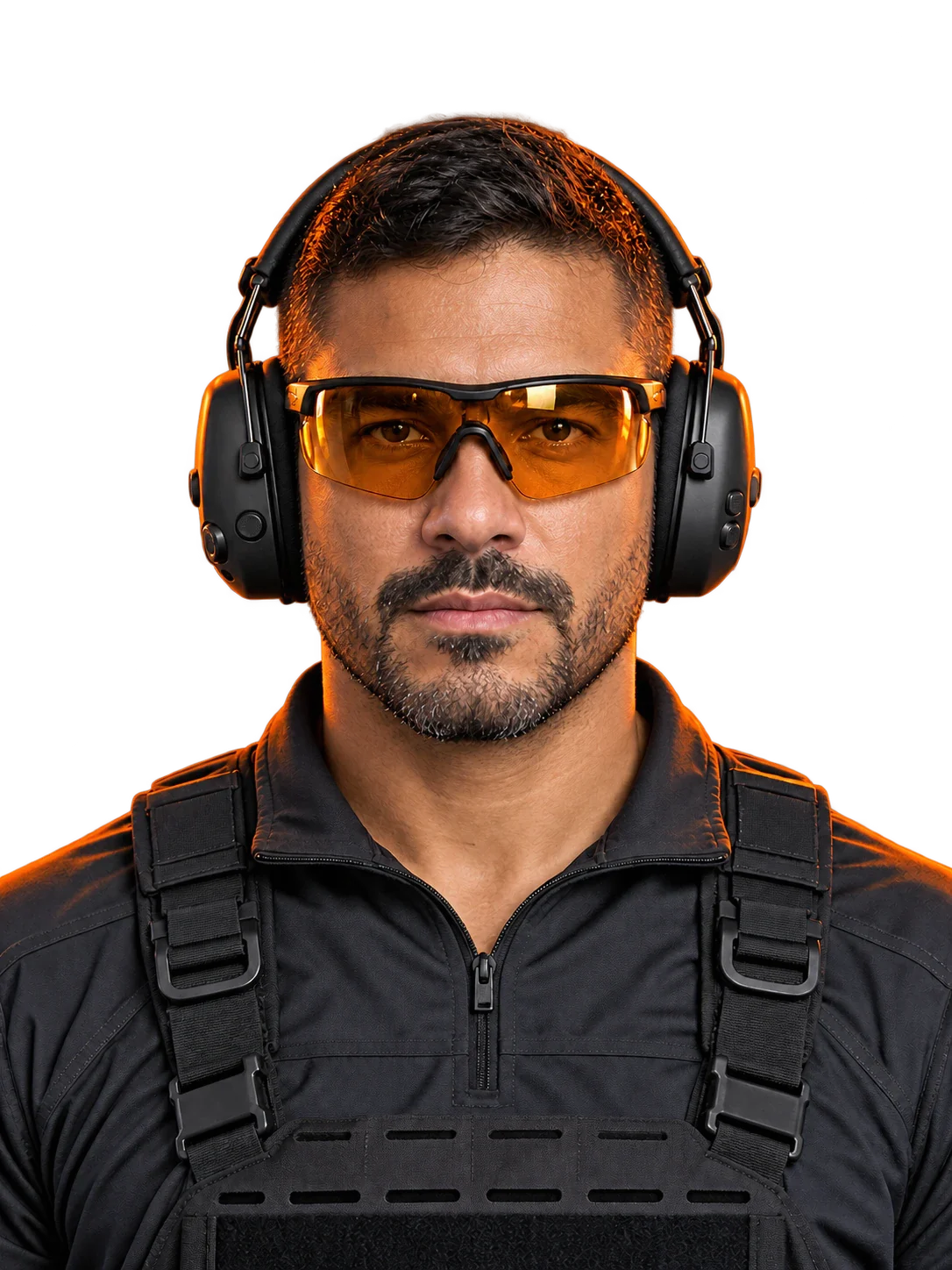 Instrutor de tiro com óculos balísticos e abafador eletrônico